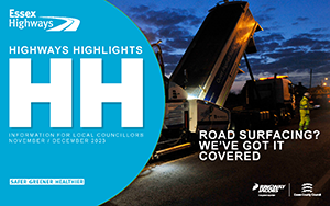 Cover of Highways Highlights Novemeber / December 2023, Text overlay of an image of a road resurfacing vehicle and road surfacing? We've got it covered